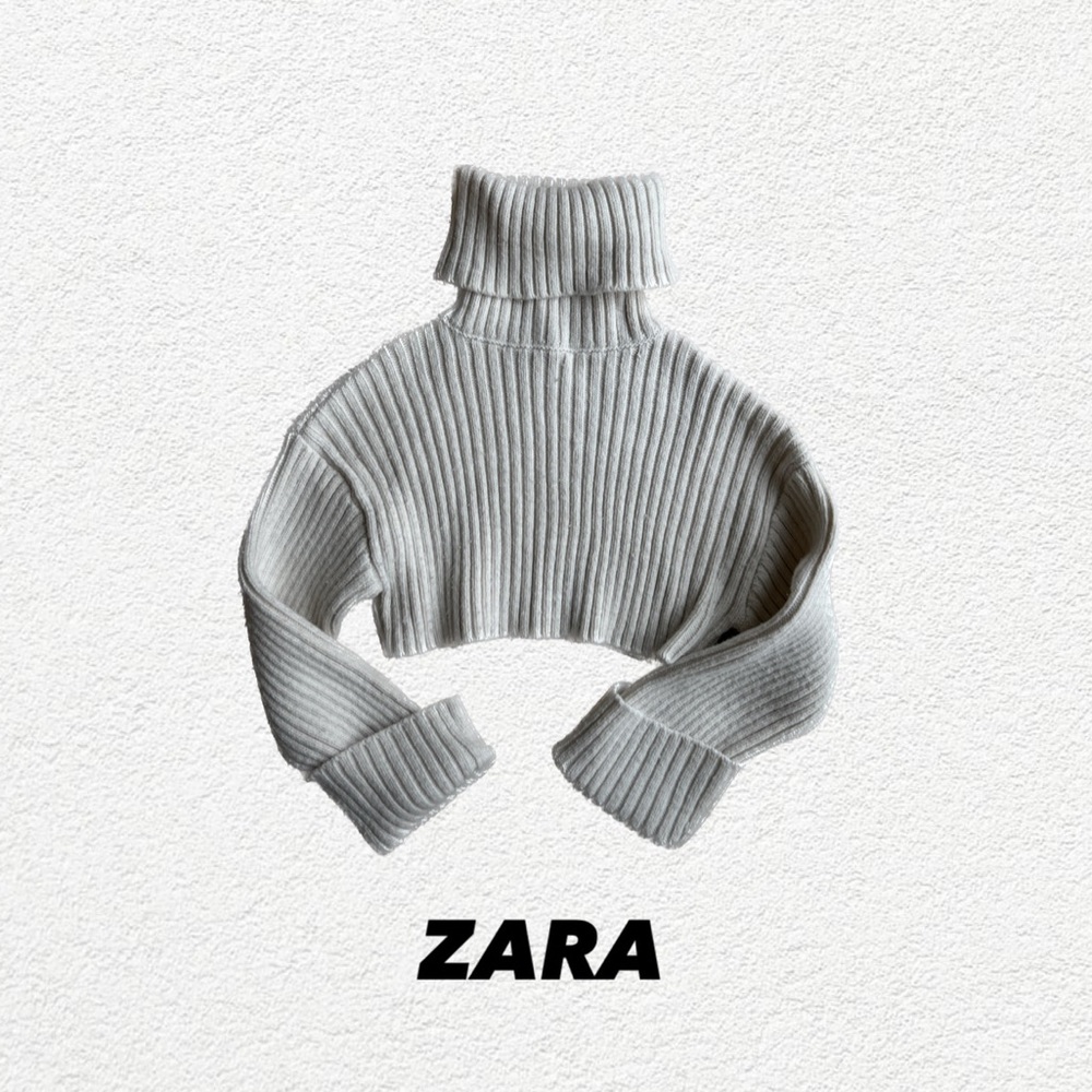 Zara Cropped Gray Ribbed Turtleneck Cowl Sweater